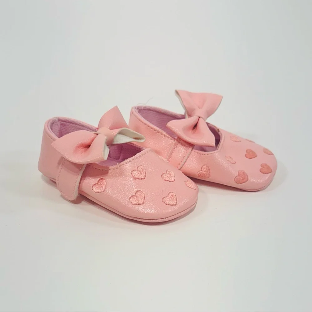 Pink Baby Shoes with Bow & Hearts (Size 6-12 Months)